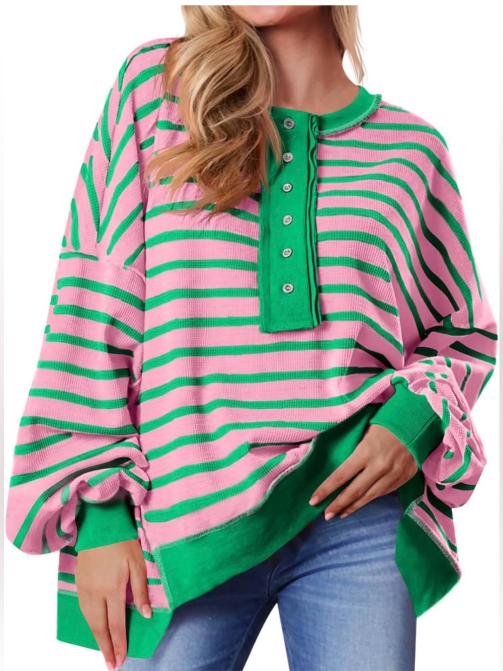 Striped Pink & Green Henley Women's Top